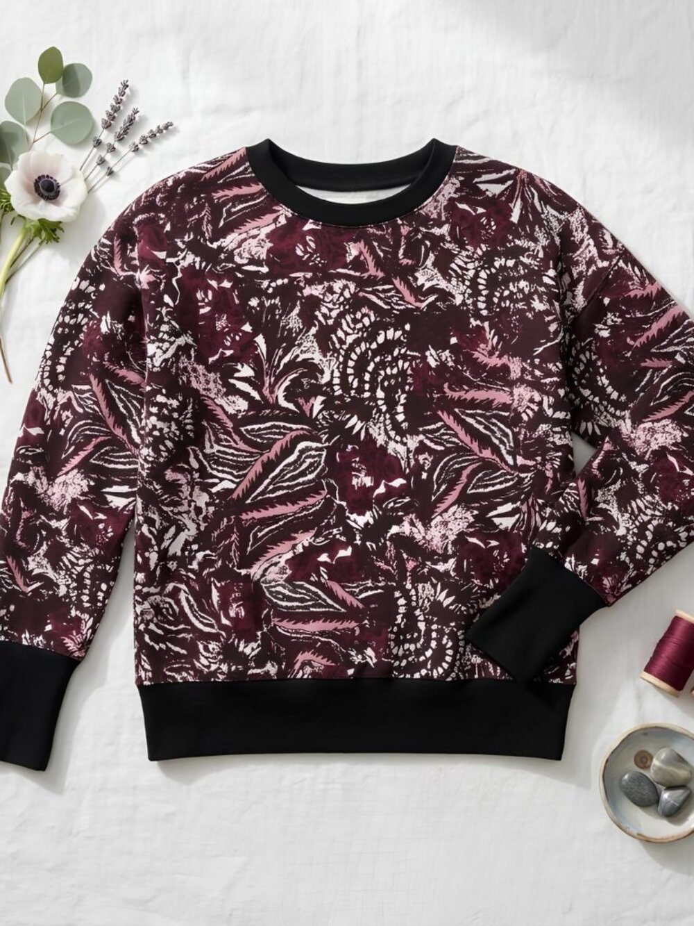 NWT Joie Caleigh Burgundy Floral Paisley Cotton Crop Sweatshirt Womens M